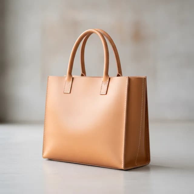 A tan leather tote bag photographed at a three-quarter angle