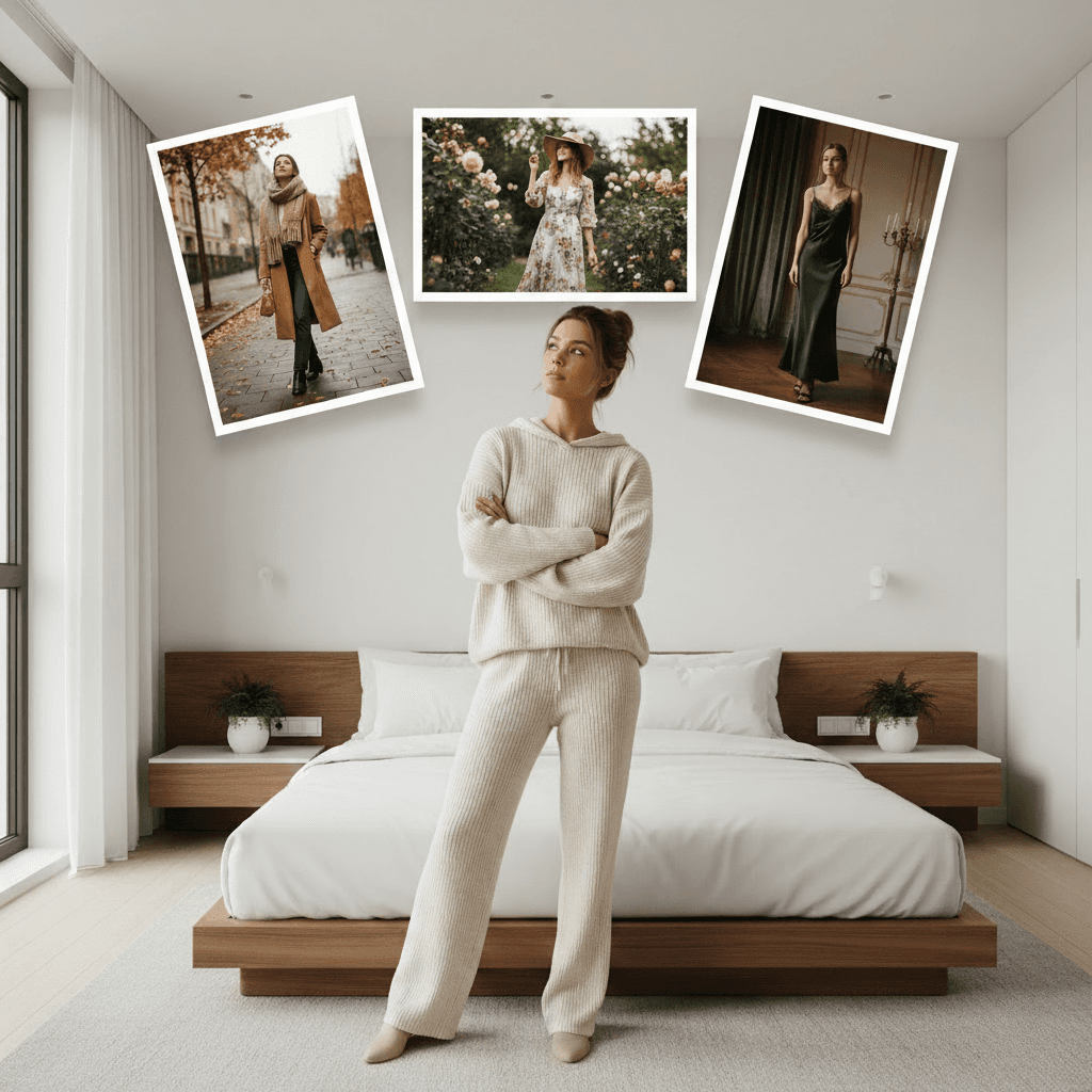 A woman standing in a bedroom with three outfit photographs pinned on the wall above her