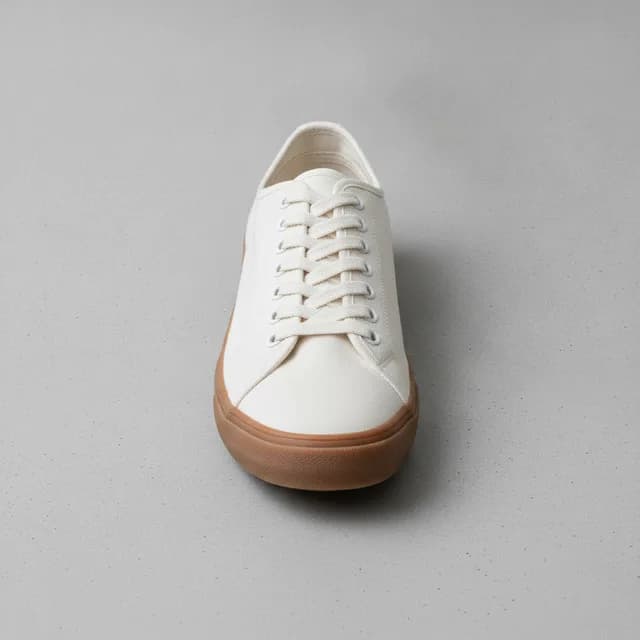 A white canvas trainer with a gum sole, photographed straight on against a grey backdrop