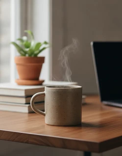 A speckled ceramic mug steaming on a wooden desk beside a laptop