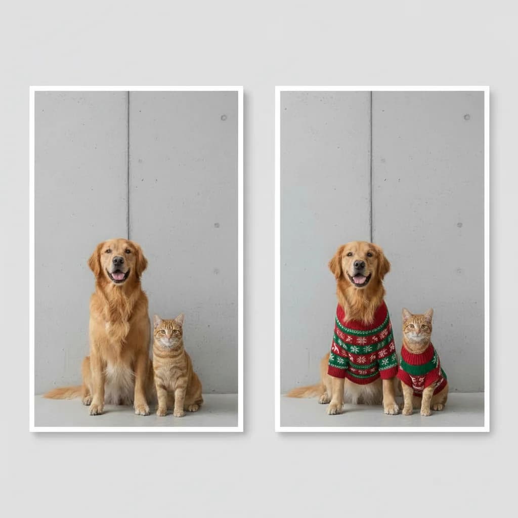 Before and after: a golden retriever sitting beside a ginger cat, then the same pair in matching knitted festive jumpers