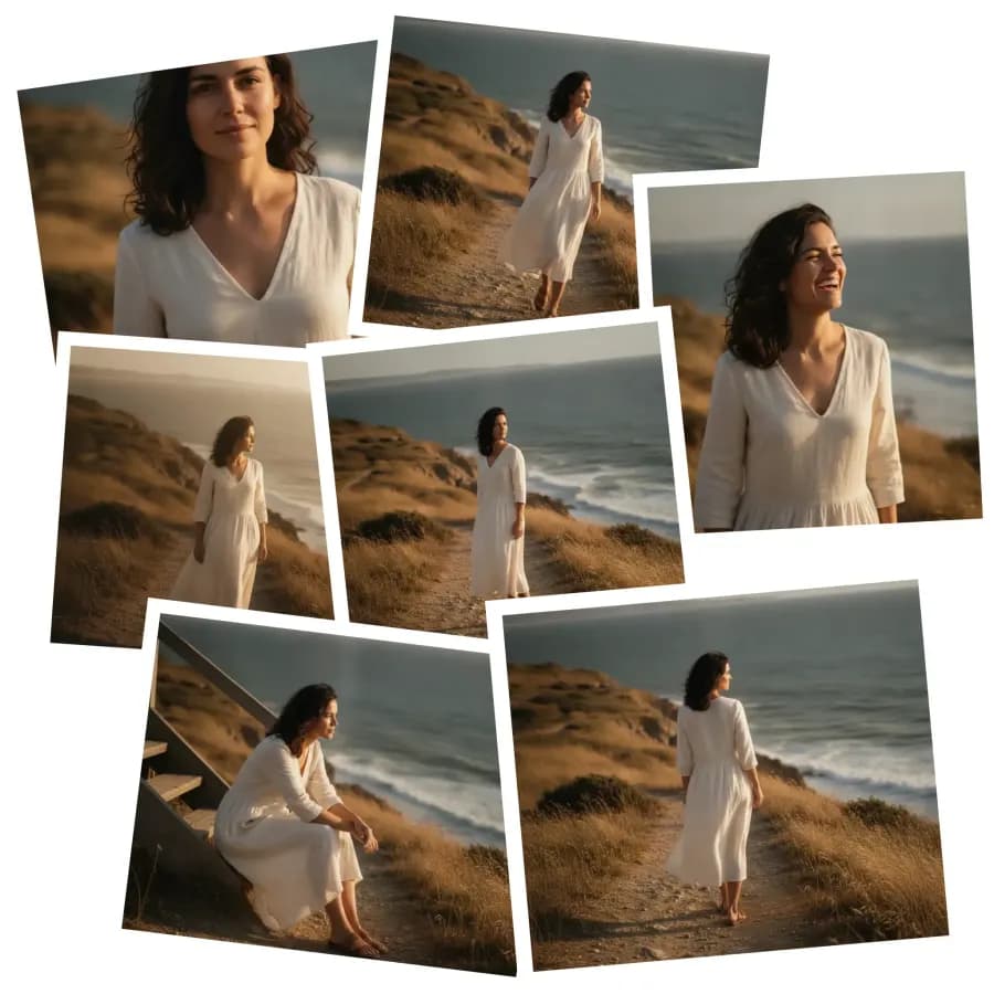 Seven photographs of the same woman on a coastal path at golden hour, laid out as tilted overlapping prints