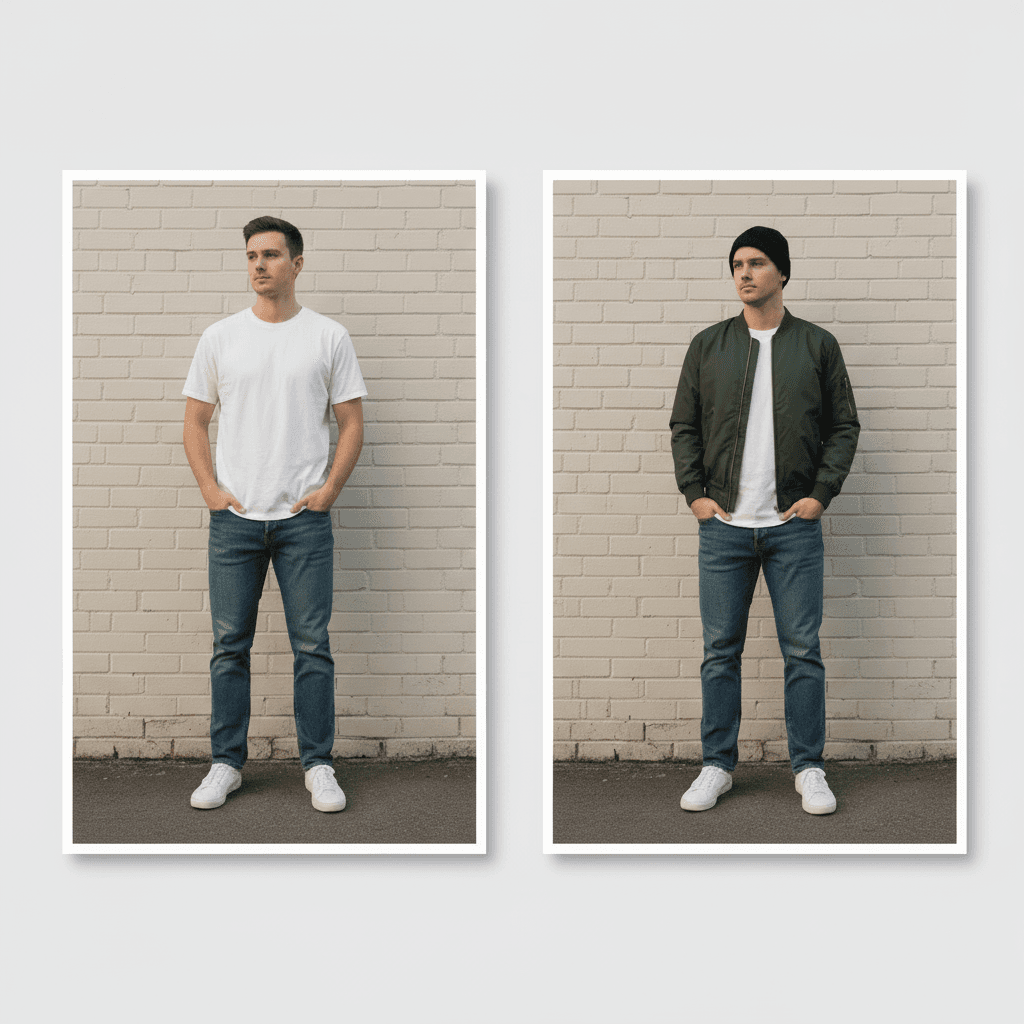 The same man photographed twice against a white brick wall — once in a plain t-shirt, once in an olive bomber jacket